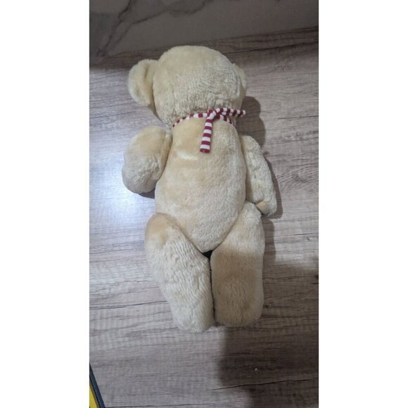 Vintage Beige Teddy Bear W/ Red & White Striped Collar Plush Toy Collectible 12" - Picture 4 of 7